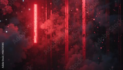 Dark mysterious background with vibrant red neon lights and smoke
