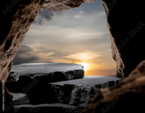 A cinematic product showcase featuring two rugged, dark gray textured stone podiums
