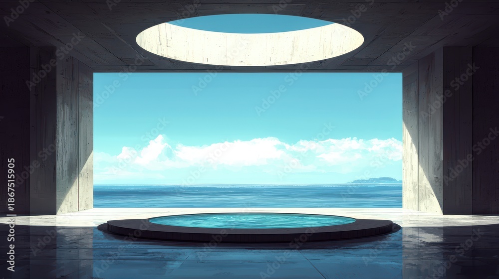 Fototapeta premium Serene Modern Architectural Space with Circular Skylight and Ocean View