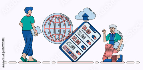 Scheduling Alarms and Notifications on Smartphone Apps for Appointments Online Connectivity and Cloud Based Time Management. Design can be used for banner, website, poster, landing page, social media,