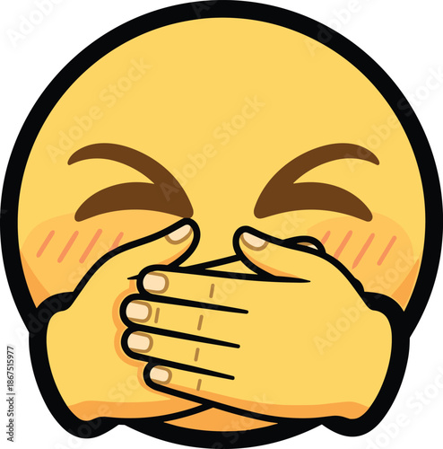 Cartoon emoji with blushing cheeks and hands over mouth expressing laughter, shyness, surprise, and playful emotion