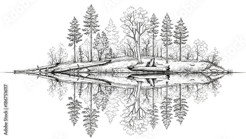 A serene lake scene with trees and reflection, viewed from a distance, in a peaceful landscape