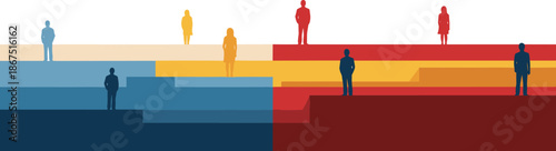 Infographic illustration of human silhouettes on colorful layered bars representing data distribution, demographics, and social comparison