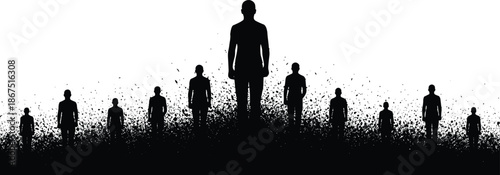 Silhouette illustration of group with central leader figure emerging from textured ground symbolizing unity and transformation