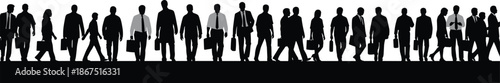 Silhouetted Business People Walking in Line Representing Corporate Routine, Professional Diversity, and Urban Workplace Dynamics