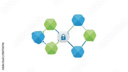 Secure network connection with padlock and hexagons
