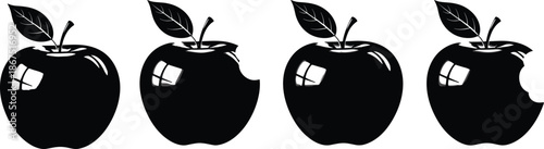 Black apple silhouettes collection featuring whole and bitten fruit icons, minimalist vector set for healthy food, technology, and organic snack design. (20 words)