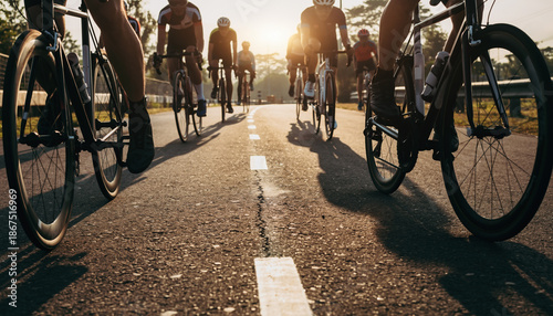 Dynamic low angle perspective of a peloton of cyclists on an asphalt road at sunset, capturing the energy and teamwork of group cycling during a golden hour ride