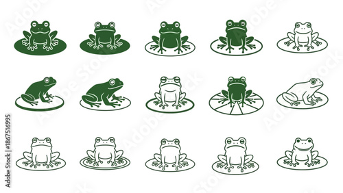 Various Illustrations of Frogs in Different Poses on Circular Bases