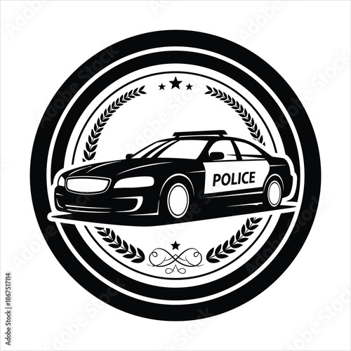 Police car silhouette framed in circular emblem badge representing department branding and insignia style in black and white vector