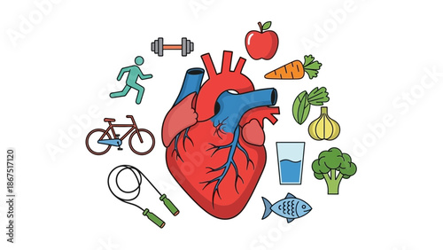Healthy lifestyle choices for a strong heart with exercise and nutritious food with heart health