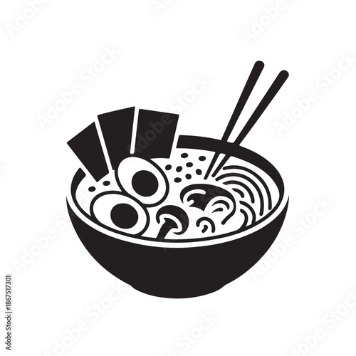 Black silhouette ramen bowl with noodles egg and chopsticks icon
