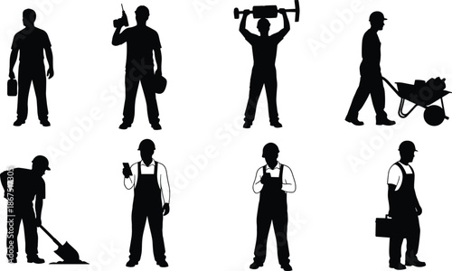 Silhouettes of construction workers performing tasks with tools, wheelbarrow, shovel, drill, and toolbox, representing diverse building site activities