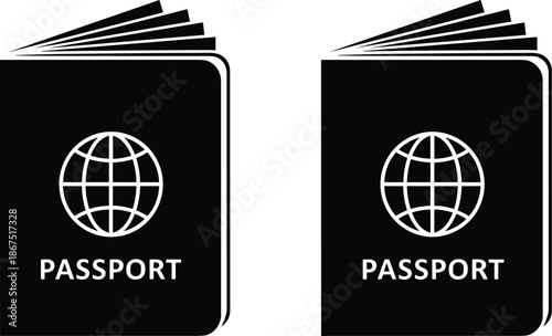 Set of black passport icons with globe symbol, representing international travel, global citizenship, identification, migration, and official document for tourism. (20 words)