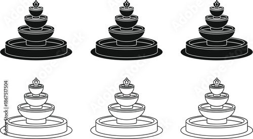 Set of decorative garden fountain icons in silhouette and outline styles, tiered water feature symbols for landscape design and architecture. (20 words)