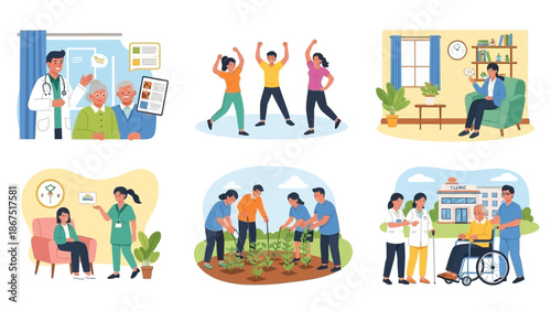 Elderly care and support illustrations showing people in various healthcare and daily living situations
