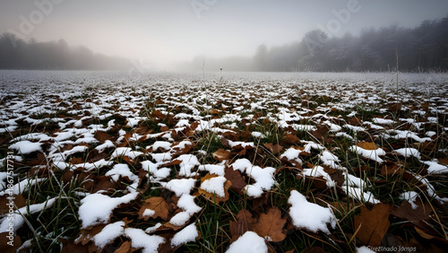Overcast winter field with patchy snow on fallen leaves and grass, distant trees in fog.