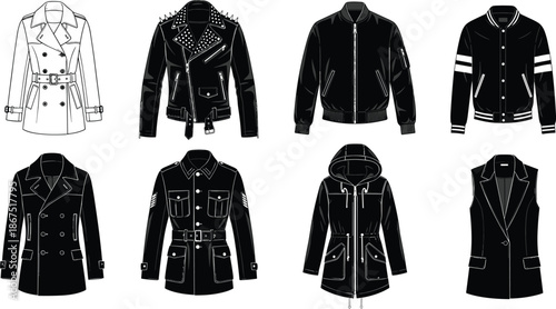 Set of diverse jacket and coat silhouettes including leather biker, bomber, parka, and trench coat icons for fashion design and apparel. (20 words)