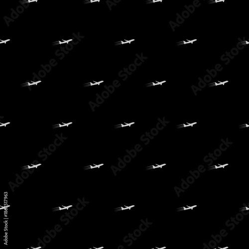 Plane taking off silhouette seamless pattern isolated on black background