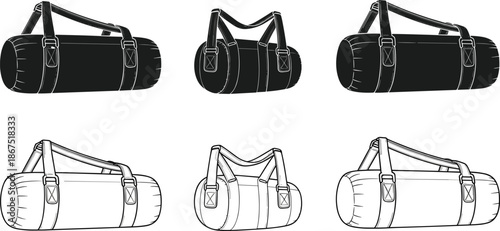 Set of duffel bag icons in silhouette and outline styles, featuring travel luggage, gym bags, and sports equipment for travel. (20 words)