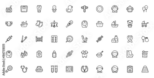Maternity icon set. Baby care vector illustrations. Includes pacifier, stroller, diaper, bottle, teddy bear, pregnancy symbols and more. Editable linear icons.
