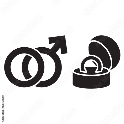 Same sex male marriage proposal and engagement ring icon collection in black silhouette style
