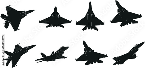 Set of fighter jet silhouettes in various flight maneuvers, supersonic military aircraft icons for defense, air force, and aviation design. (20 words)