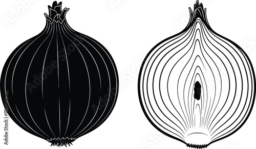 Set of fresh onion icons in silhouette and outline styles, featuring whole and halved vegetable symbols for cooking and organic food. (20 words)