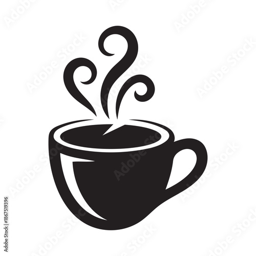 Hot coffee cup silhouette vector icon. Black tea mug with steam swirls. Cafe and restaurant logo design.