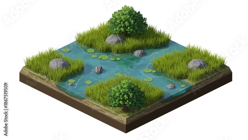 A serene isometric landscape featuring a pond, rocks, and lush greenery in a tranquil environment viewed from above.
