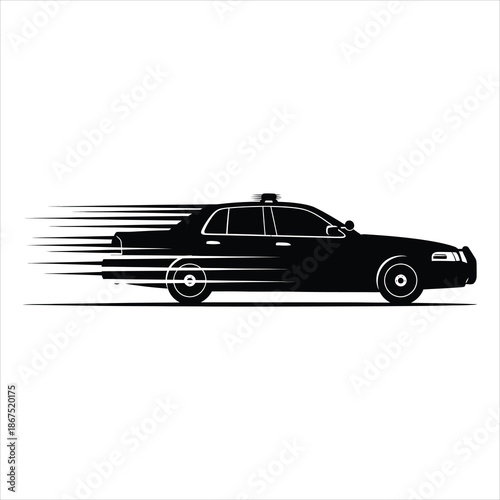 Police car silhouette with speed lines representing rapid response and pursuit concept in black and white vector