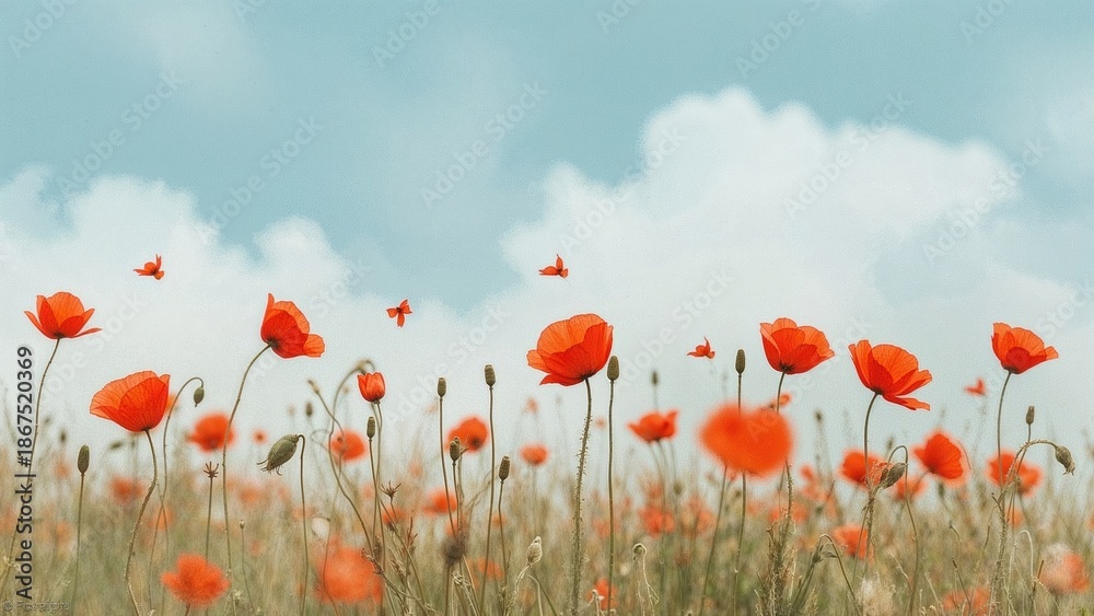 Obraz premium A field of red poppies with butterflies under a partly cloudy sky.
