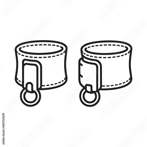 A minimalist line drawing of two leather wrist cuffs with metal hardware
