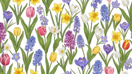 A colorful seamless pattern of vibrant spring flowers in full bloom