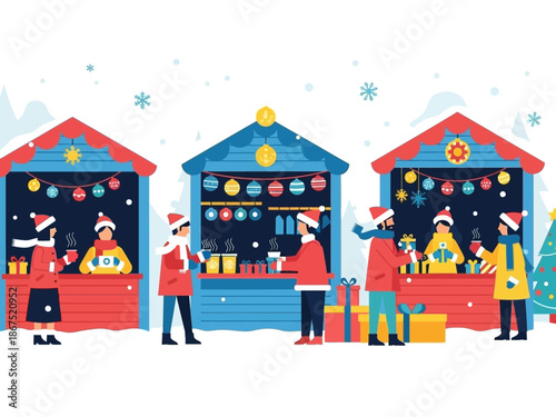 Festive Holiday Market A Cheerful Winter Scene with Stalls, People, and Christmas Decorations
