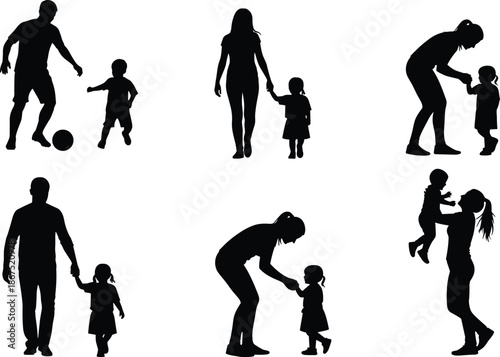 Silhouettes of parents and children in playful, caring, and affectionate poses, holding hands, walking, hugging, lifting, and interacting together