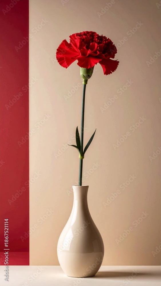 Fototapeta premium Single Red Carnation Flower in Beige Vase Against a Two Tone Background
