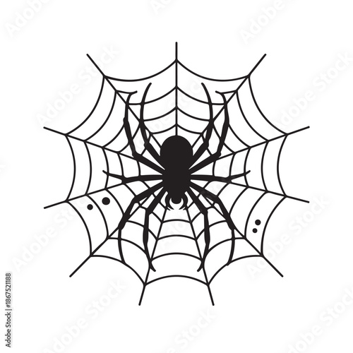 Black spider sitting in center of cobweb silhouette illustration