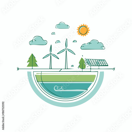 An insightful illustration displays renewable energy sources above ground and a water reservoir beneath.