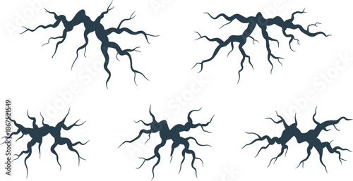 Cracked ground texture vector silhouette set, dry earth surface cracks for earthquake and desert disaster design