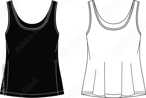 Set of women tank top icons in silhouette and outline styles, sleeveless summer shirt for fashion design, apparel, and clothing. (20 words)