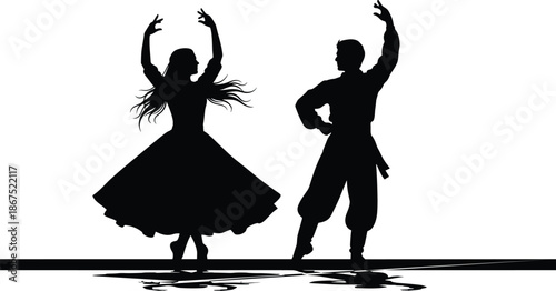 Silhouette of traditional folk dancers featuring woman in full skirt and man in ethnic costume performing elegant cultural dance moves.