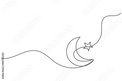 Minimalist continuous line drawing of crescent moon and star