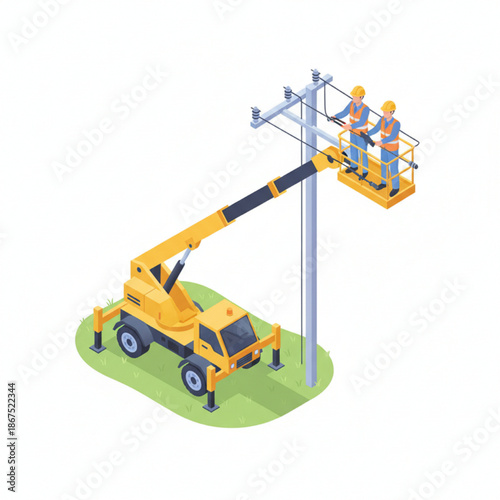 Electric Power Engineers Maintenance with Boom Lift Truck Isometric Vector