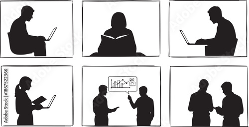 Silhouettes of people working and communicating in an office setting