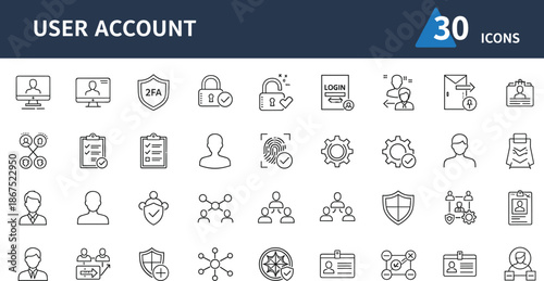 User Account Icon Set Featuring Cyber Security Login Authentication Profile Management Data Privacy Biometric Fingerprint 2FA Shield and Global Network Connection Symbols