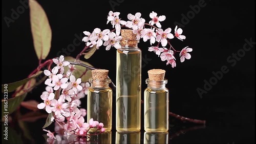 Essence of flowers on table in beautiful glass jar