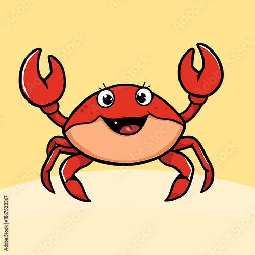 A cartoon crab standing on a yellow surface with a cheerful expression