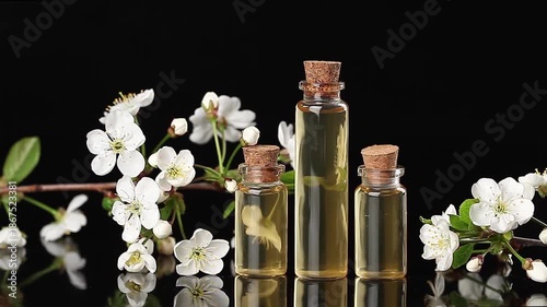 Essence of flowers on table in beautiful glass jar