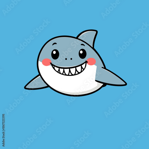 A cartoon shark with a big smile on a blue background